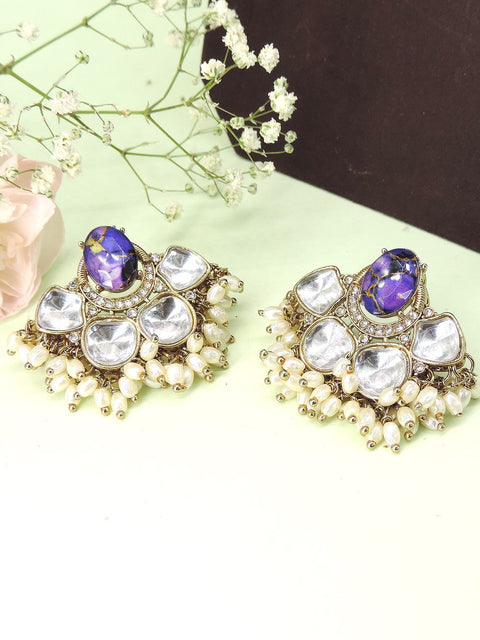 Purple stone Kundan earrings with pearl beads – Indian festive earrings USA – Joyrias