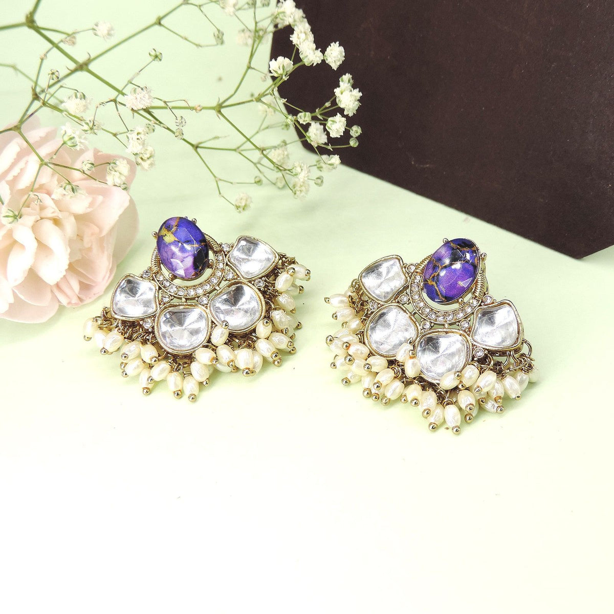 Purple stone Kundan earrings with pearl beads – Indian festive earrings USA – Joyrias