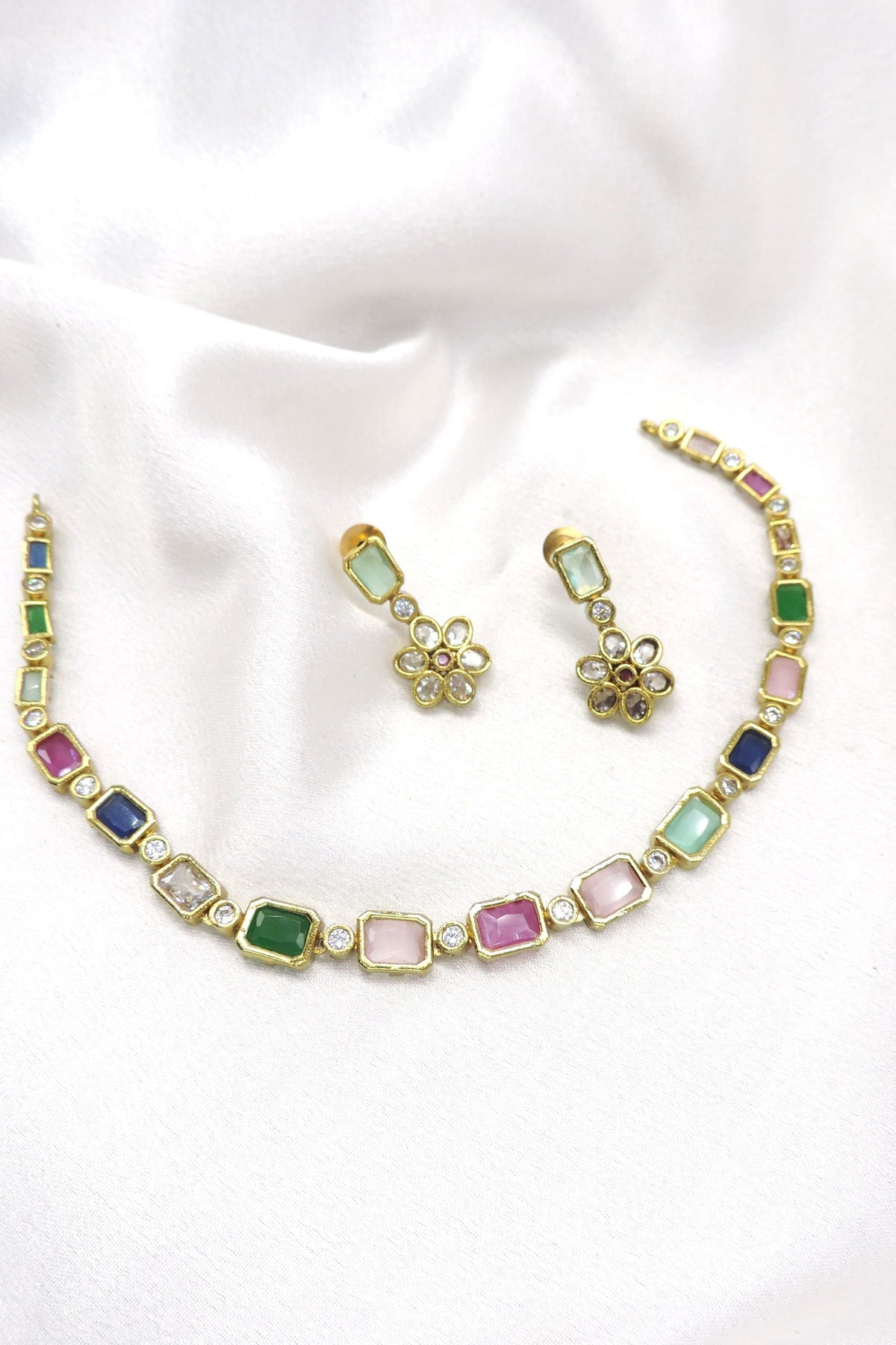 CZ multicolor necklace set with floral earrings and sparkling accents by joyrias