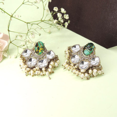Green stone Kundan earrings with pearl beads – Indian festive earrings USA – Joyrias