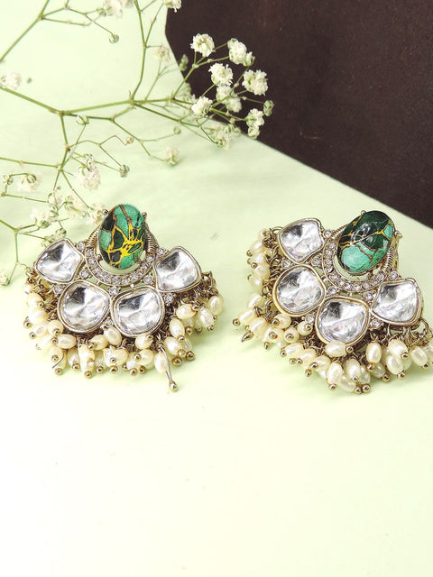 Green stone Kundan earrings with pearl beads – Indian festive earrings USA – Joyrias