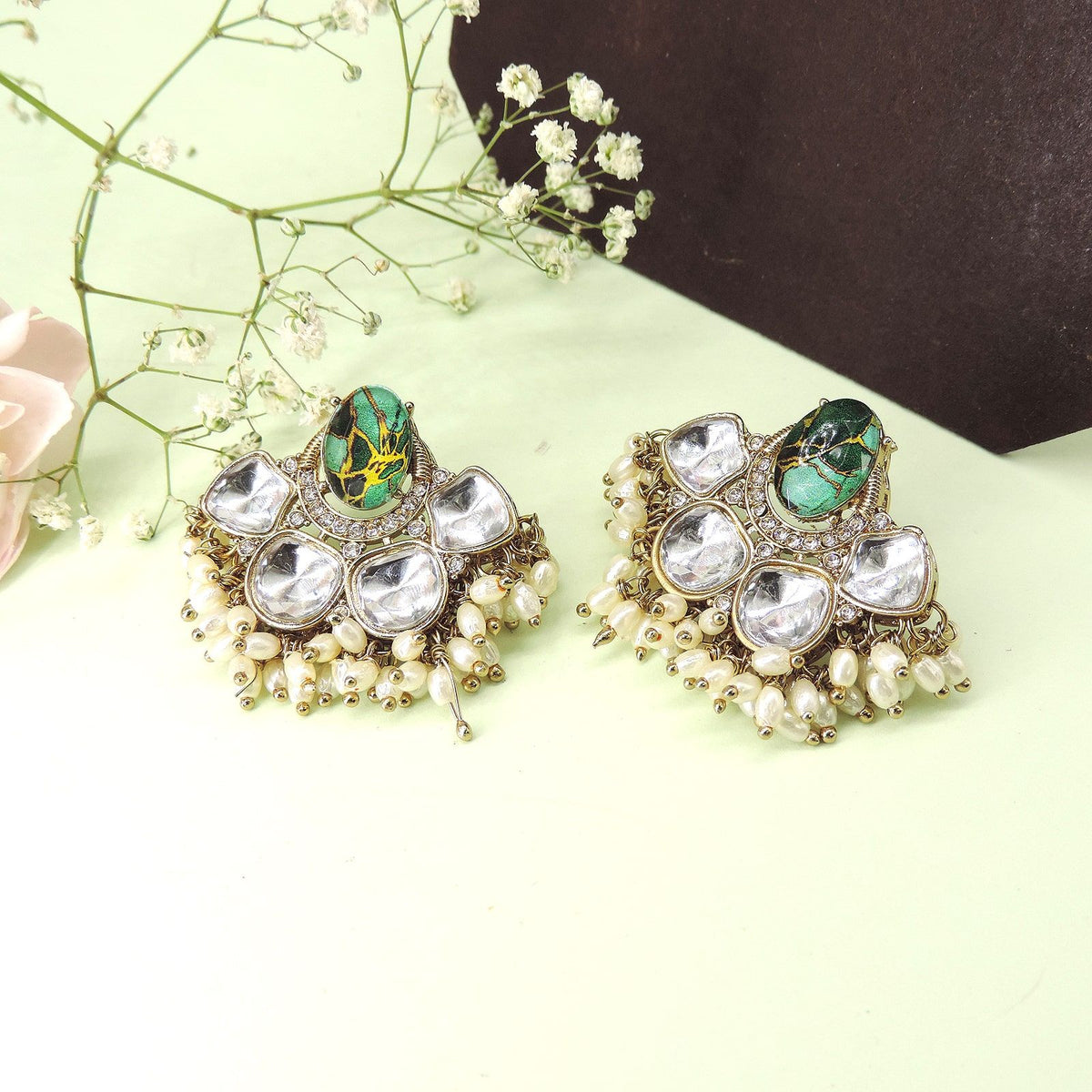 Green stone Kundan earrings with pearl beads – Indian festive earrings USA – Joyrias