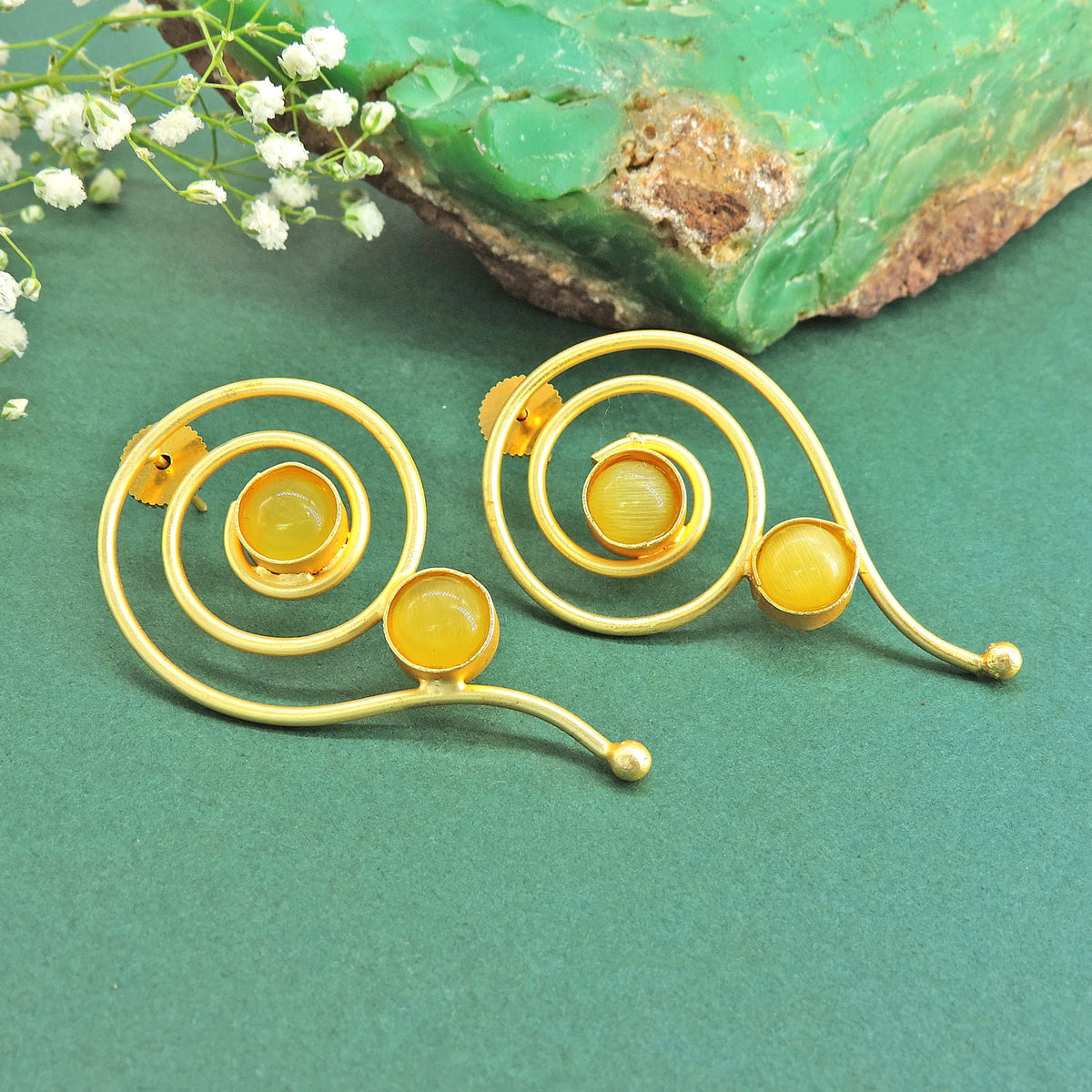 Gold Plated Brass Earrings with Orange stone