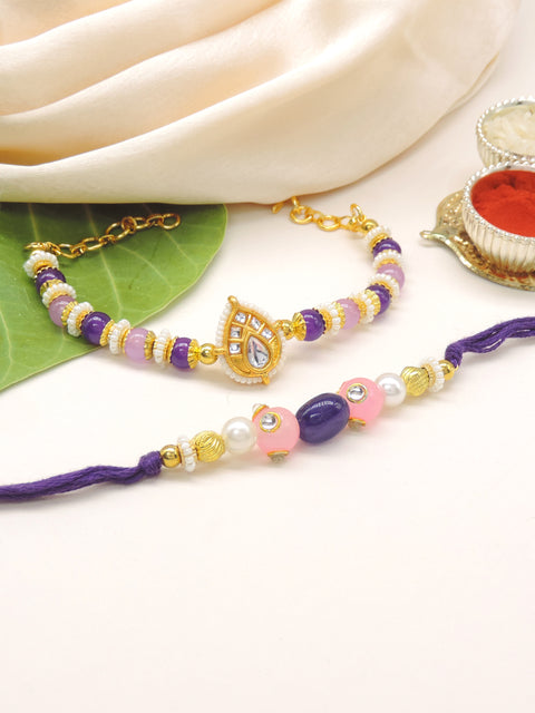 Purple Pink Kundan Pearl Bhaiya Bhabhi Rakhi Set