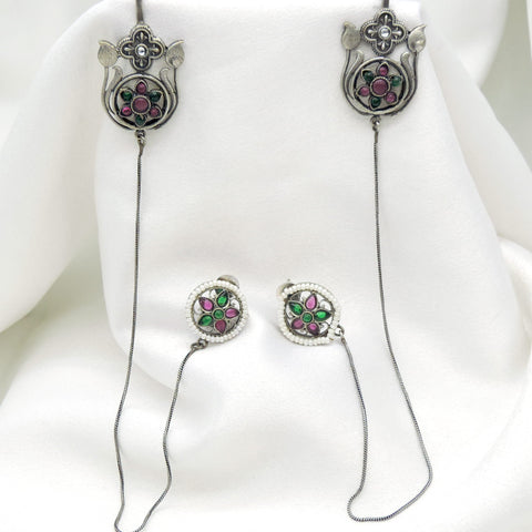 Oxidized silver green pink floral ear cuff earrings with delicate chain and bead detailing by joyrias