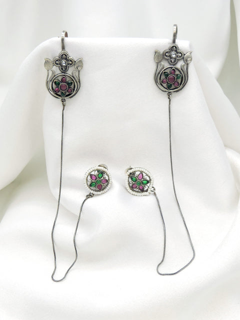 Oxidized silver green pink floral ear cuff earrings with delicate chain and bead detailing by joyrias