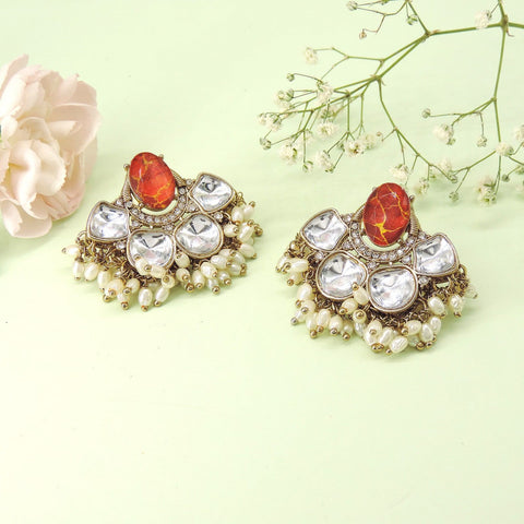 Red Stone Kundan Earrings with Pearl Beads | Joyrias Jewelry Image 0