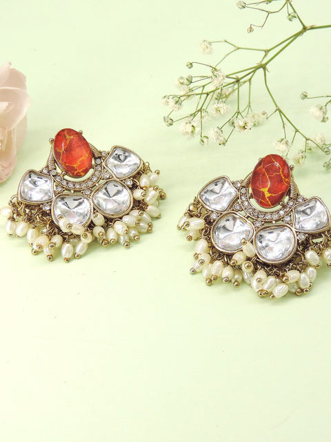 Red stone Kundan earrings with pearl beads – Indian bridal earrings USA – Joyrias