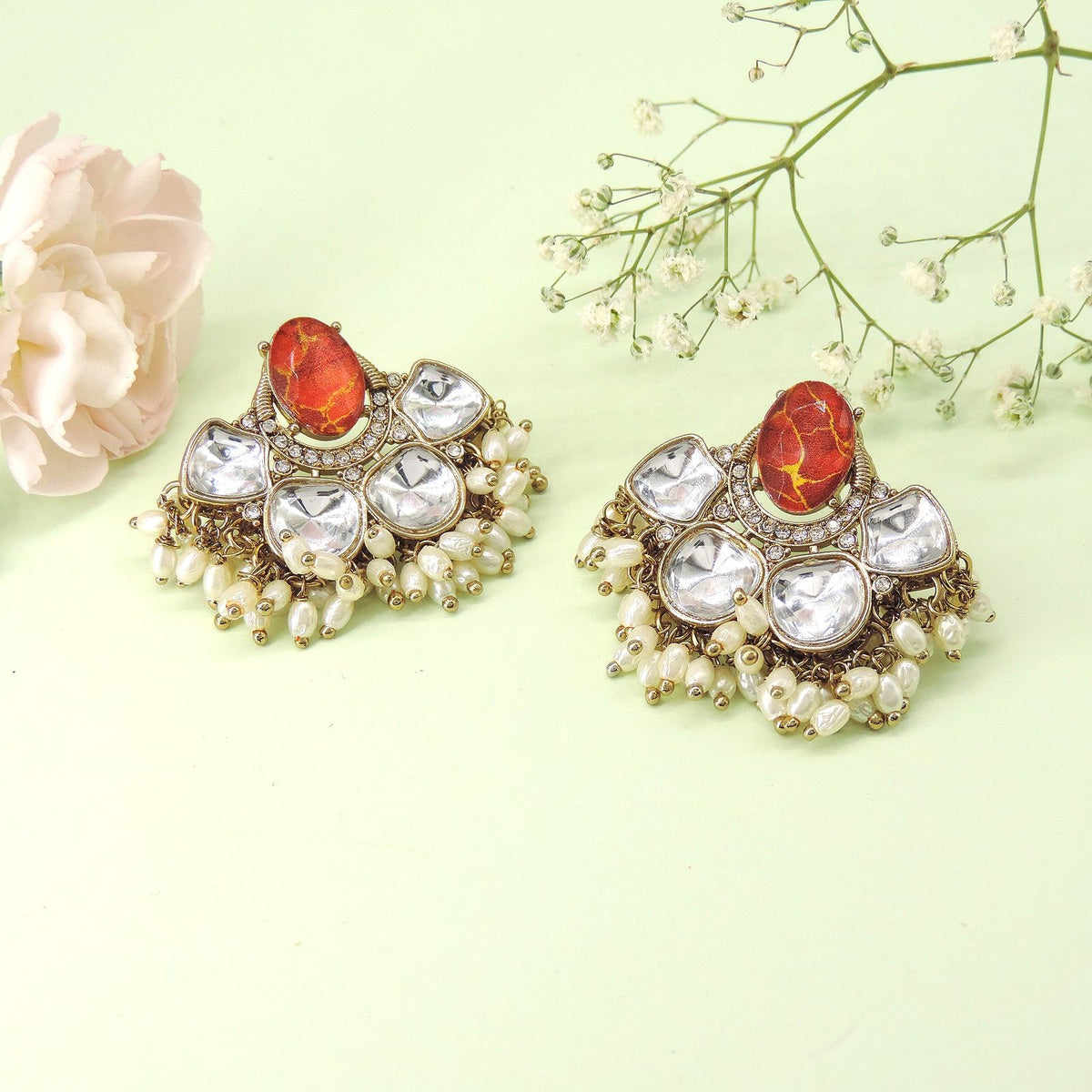 Red Stone Kundan Earrings with Pearl Beads | Joyrias Jewelry Image 0