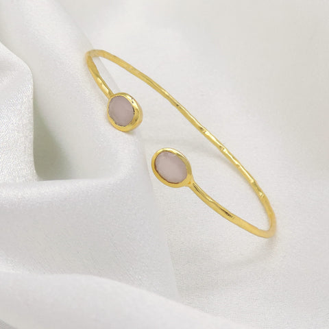 Minimal Rose Quartz Open Cuff Bracelet in Gold Finish
