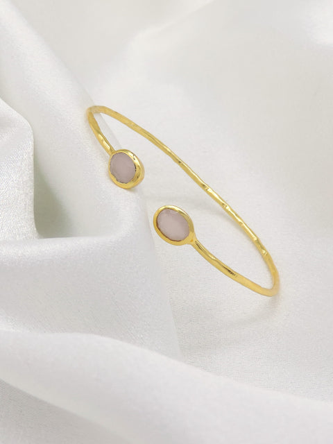 Minimal Rose Quartz Open Cuff Bracelet in Gold Finish