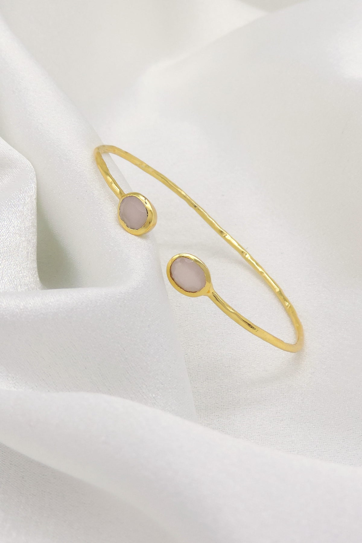 Minimal Rose Quartz Open Cuff Bracelet in Gold Finish