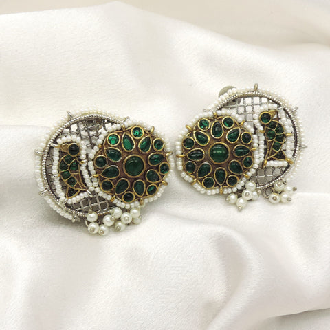 Peacock Dual Tone Stud Earrings with Emerald Green Stones by Joyrias