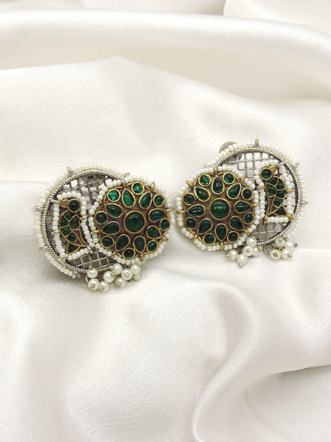 Peacock Dual Tone Stud Earrings with Emerald Green Stones by Joyrias