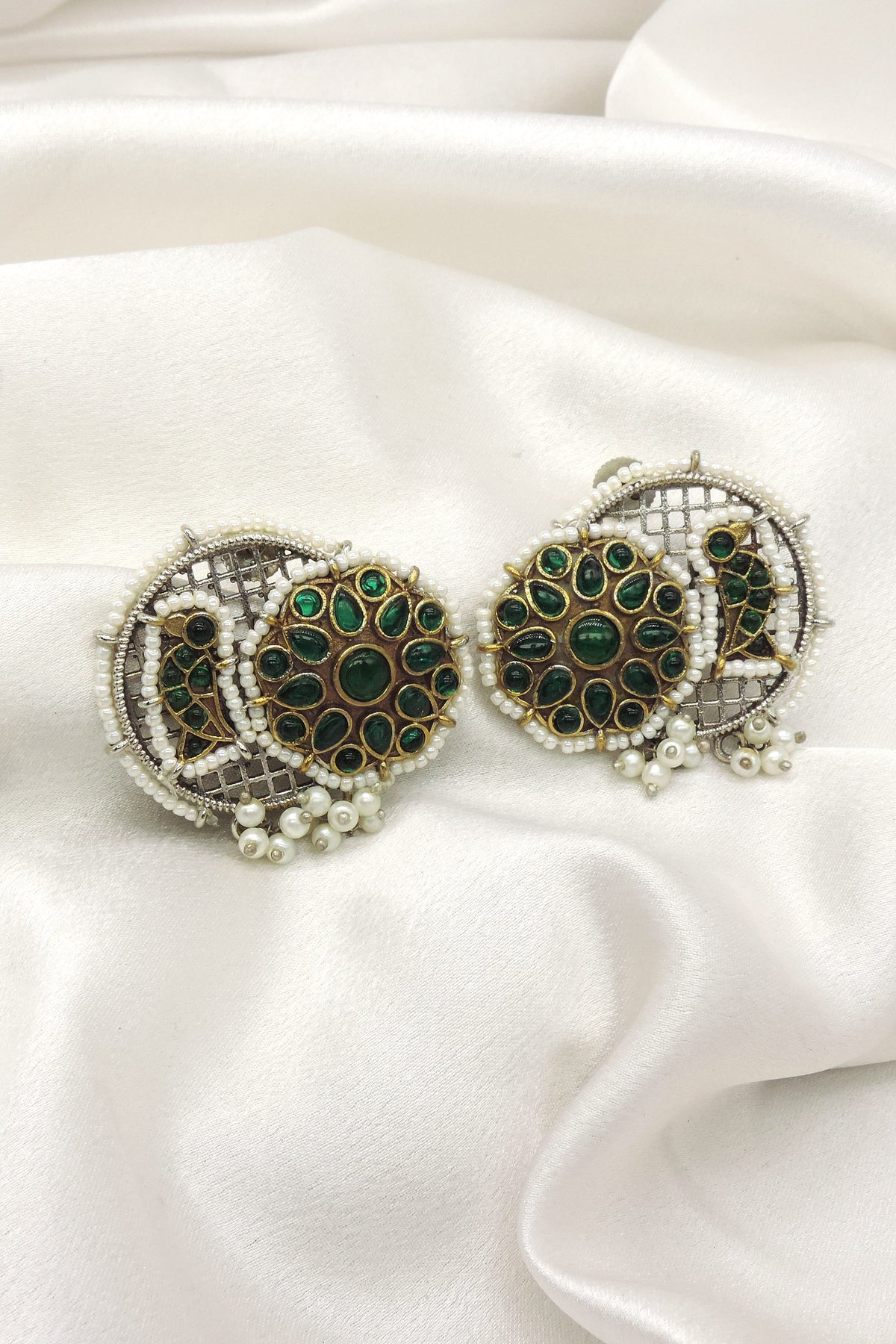 Peacock Dual Tone Stud Earrings with Emerald Green Stones by Joyrias