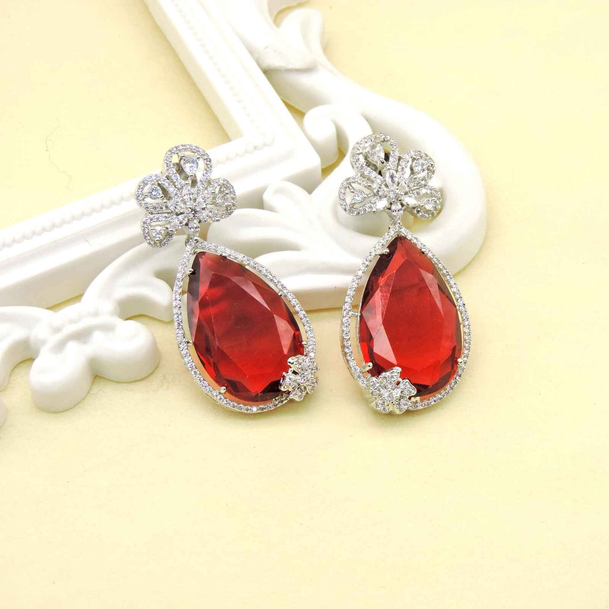 CZ earrings with red drop – Indian cubic zirconia red drop earrings USA – Joyrias