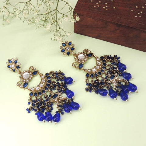 Royal Blue Chandelier Earrings with Kundan and Pearls | Joyrias Jewelry Image 0