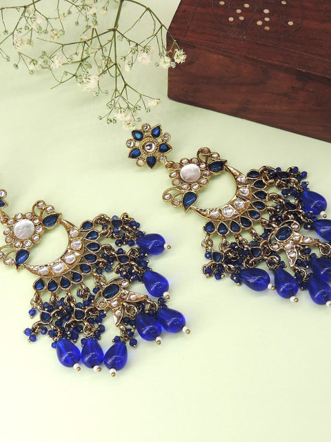 Royal blue chandelier earrings with Kundan and pearls – Indian bridal earrings USA – Joyrias