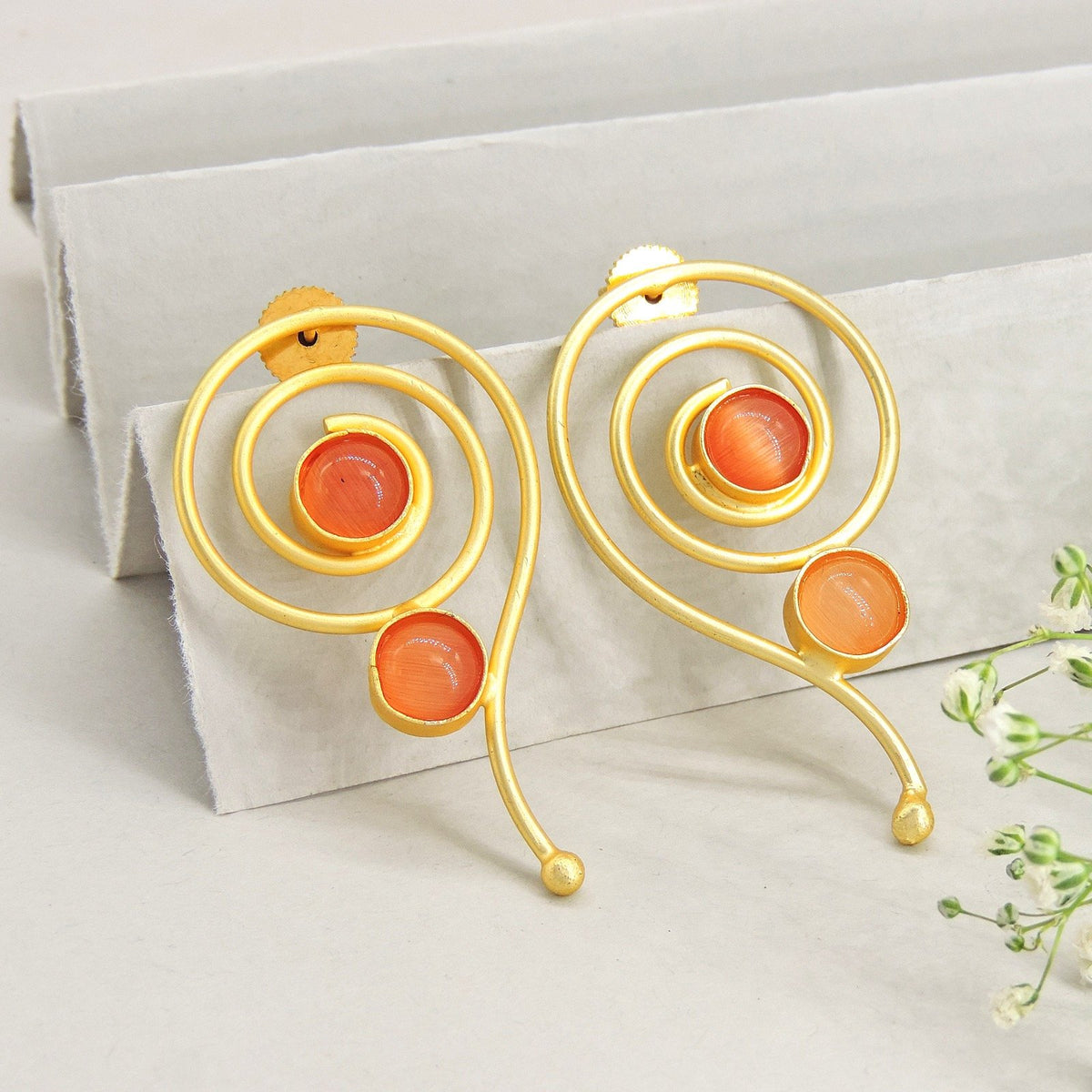 Gold plated brass earrings with orange stone – Indian festive earrings USA – Joyrias