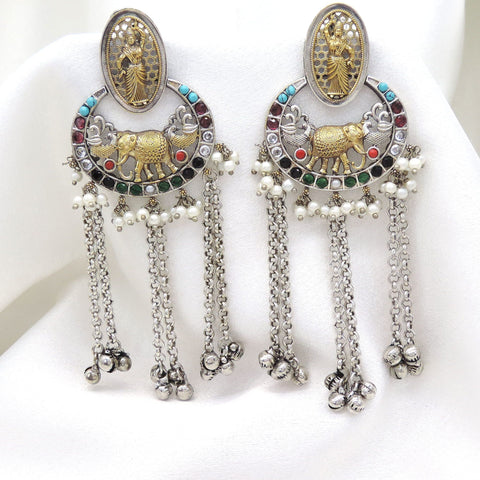 Oxidized dual-tone elephant temple long chain earrings with colorful stones and pearl detailing by joyrias
