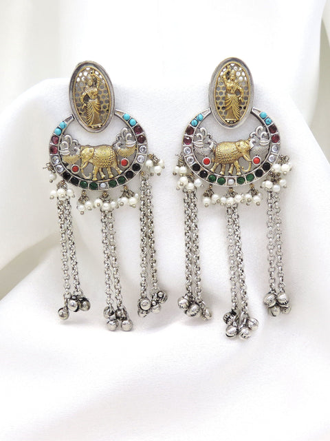 Oxidized dual-tone elephant temple long chain earrings with colorful stones and pearl detailing by joyrias
