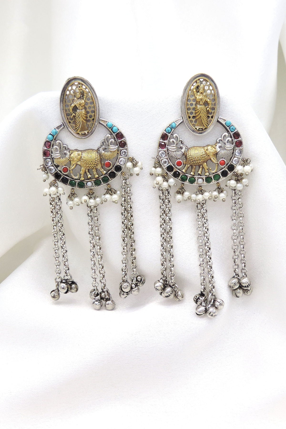 Oxidized dual-tone elephant temple long chain earrings with colorful stones and pearl detailing by joyrias