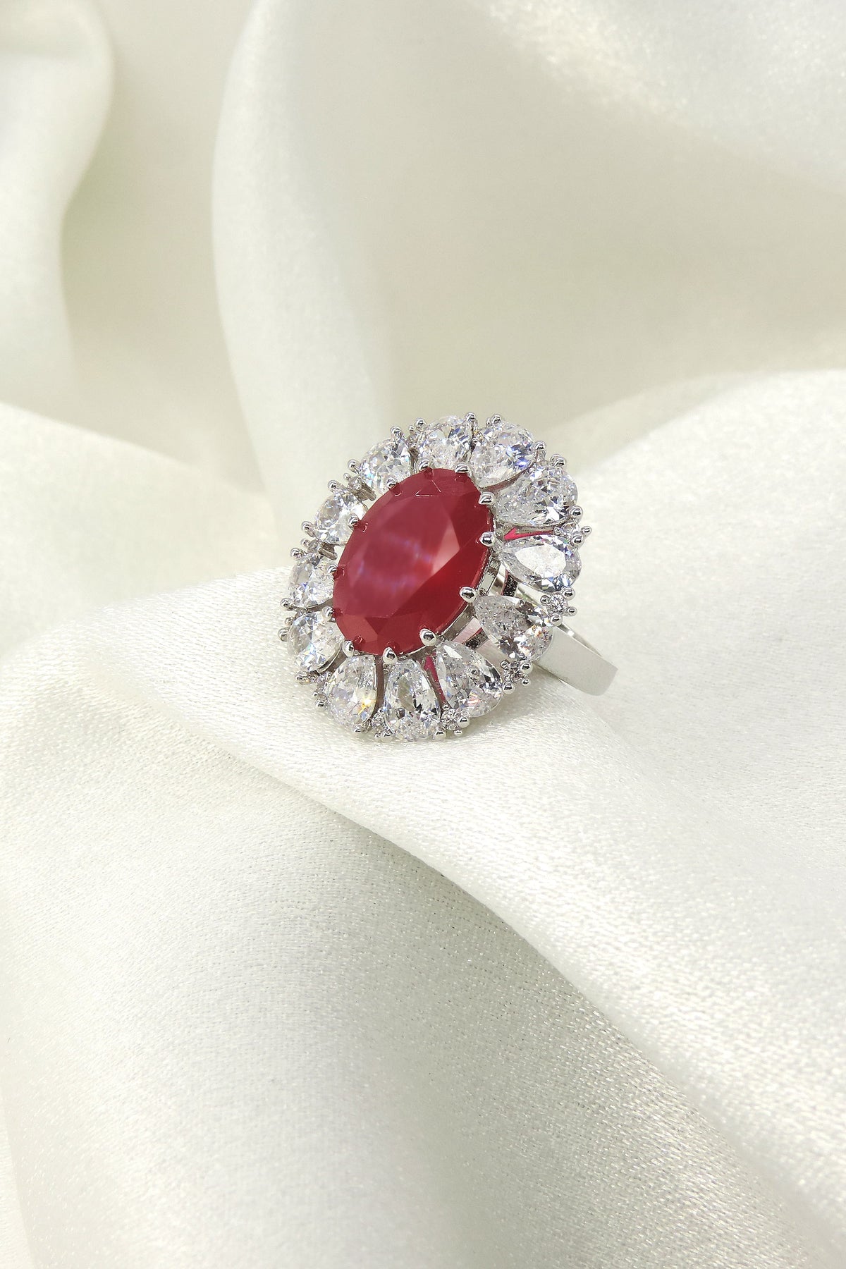 Ruby Oval Halo CZ Ring by Joyrias