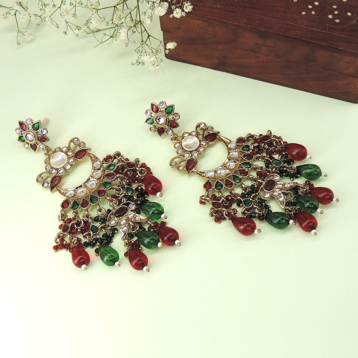 Festive Red & Green Chandelier Earrings with Kundan & Pearls | Joyrias Jewelry Image 0