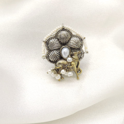 Oxidised elephant motif ring with pearl detailing and dangling accents from joyrias