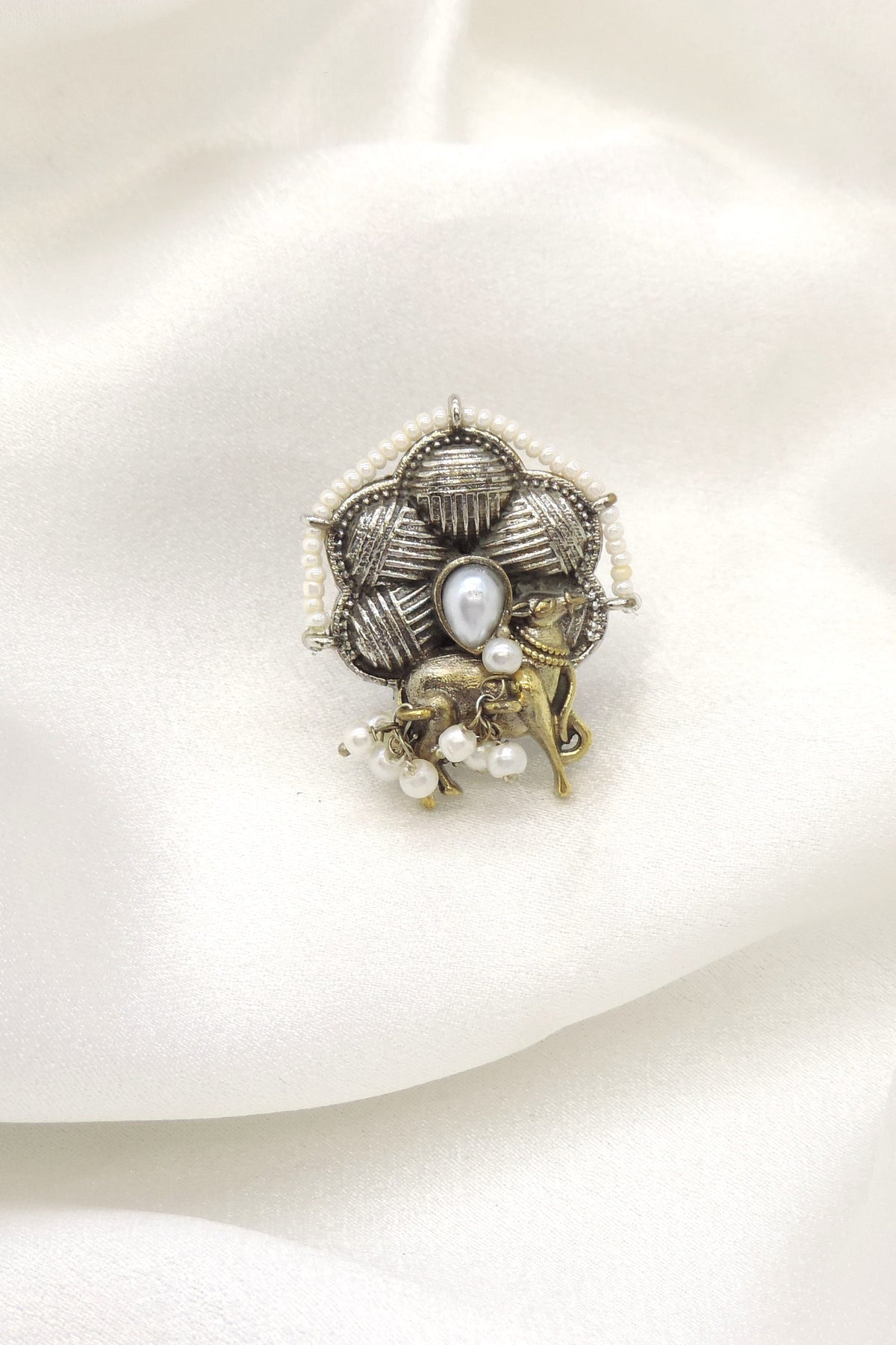 Oxidised elephant motif ring with pearl detailing and dangling accents from joyrias