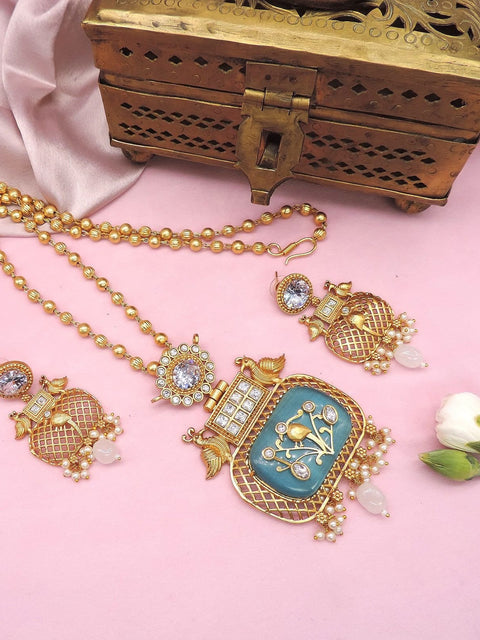 Turquoise gold pendant necklace set – Indian turquoise pendant necklace for weddings USA – Joyrias