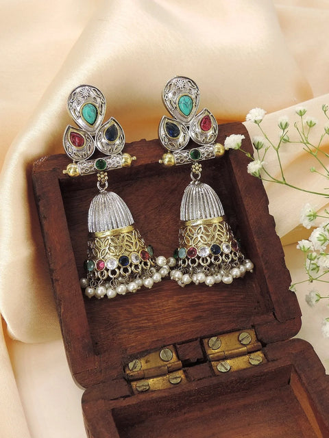 Oxidized silver jhumka earrings multicolor variant – Indian ethnic earrings for Navratri – Joyrias