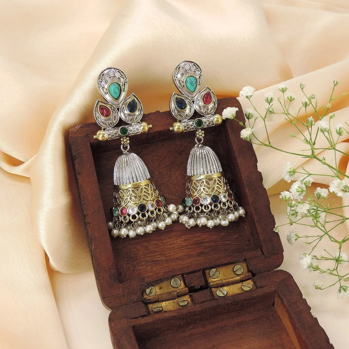 Oxidized silver jhumka earrings multicolor variant – Indian ethnic earrings for Navratri – Joyrias
