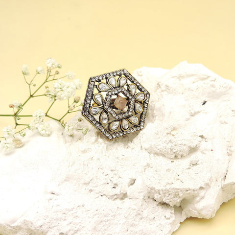 Hexagon AD Kundan cocktail ring with brown stone – Indian statement ring USA – Joyrias