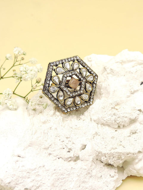 Hexagon AD Kundan cocktail ring with brown stone – Indian statement ring USA – Joyrias
