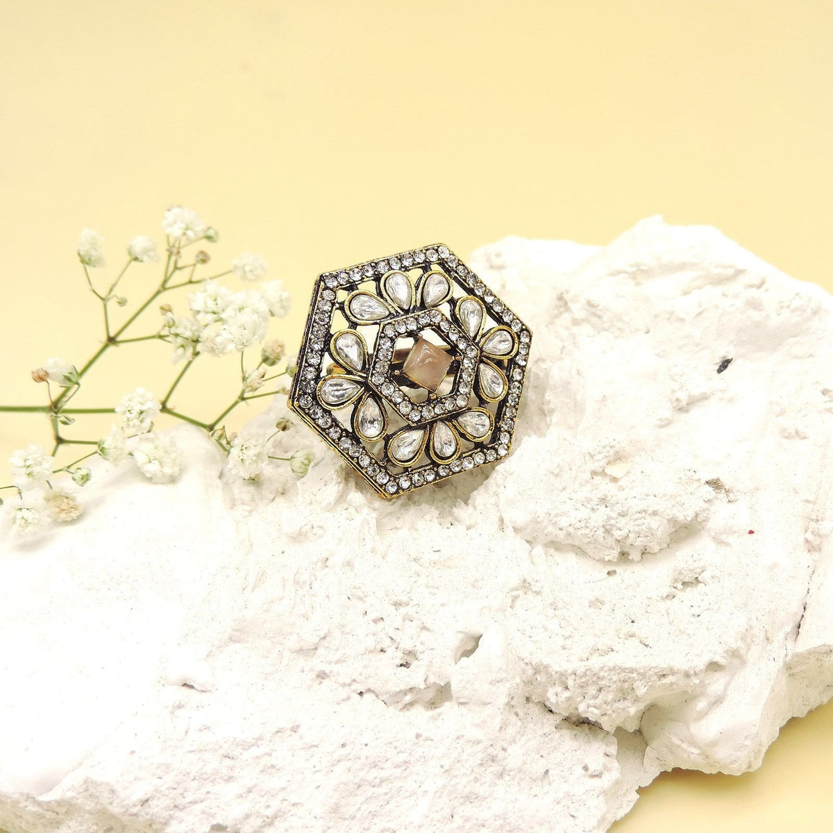 Hexagon AD Kundan cocktail ring with brown stone – Indian statement ring USA – Joyrias