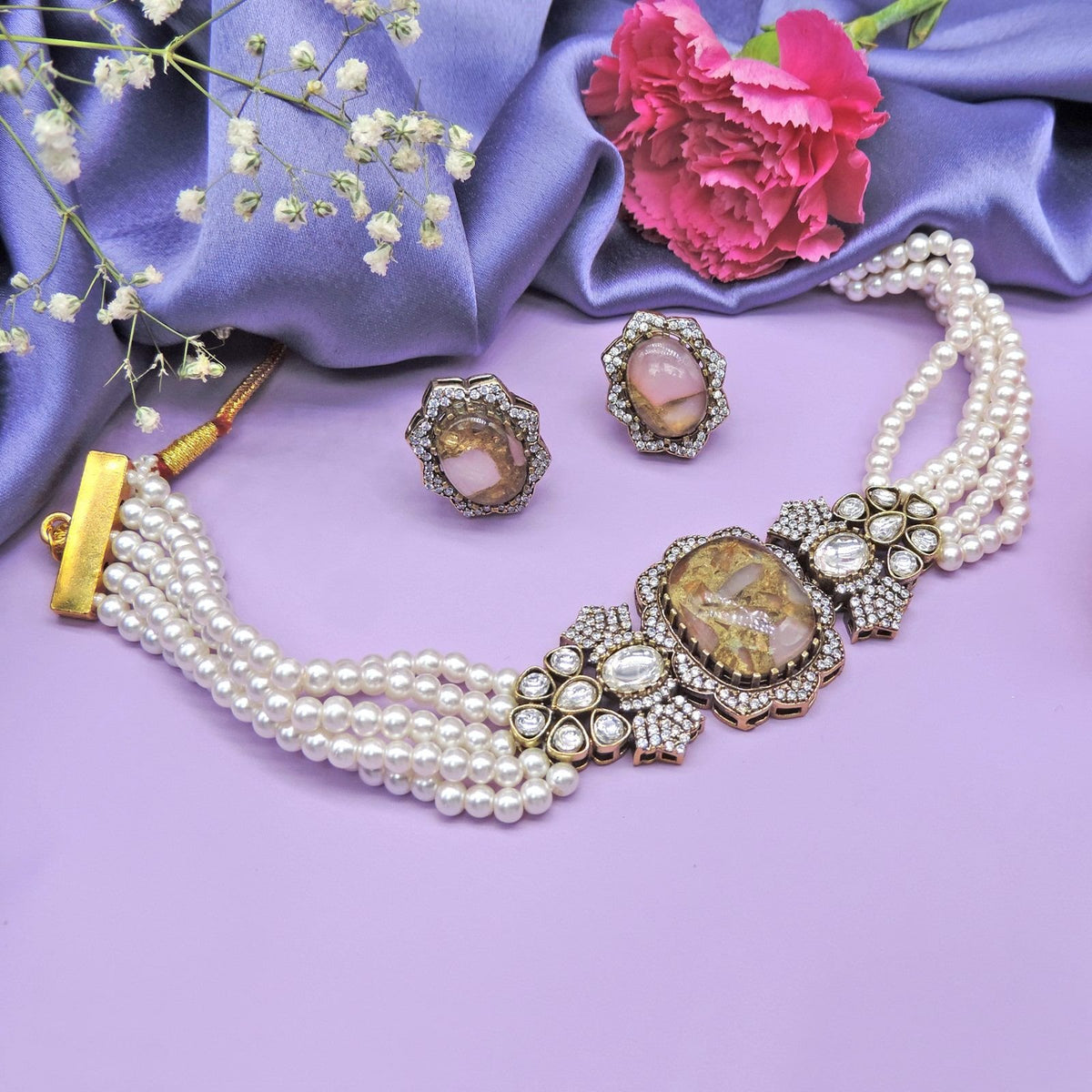 Regal Peach kundan pearl jewelry set Image 0