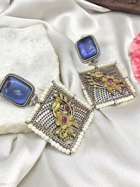 Square silver tone oxidized earrings – Indian ethnic earrings for festive wear USA – Joyrias