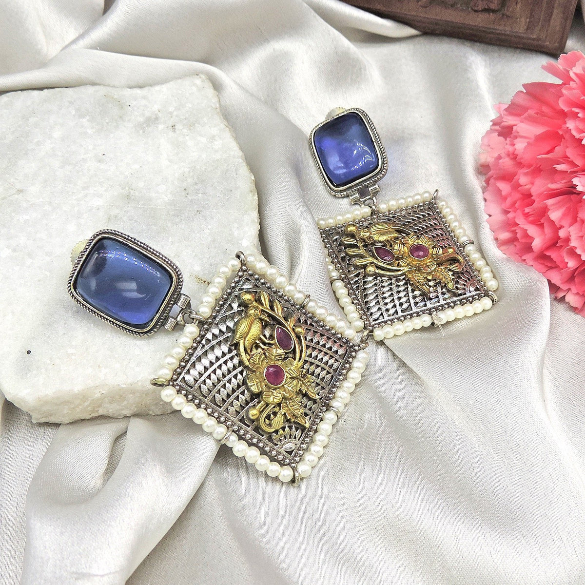 Square silver tone oxidized earrings – Indian ethnic earrings for festive wear USA – Joyrias