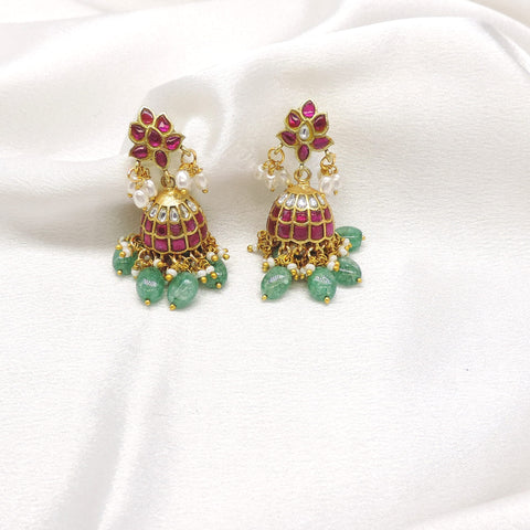 Pink Green Jhumka Earrings by Joyrias