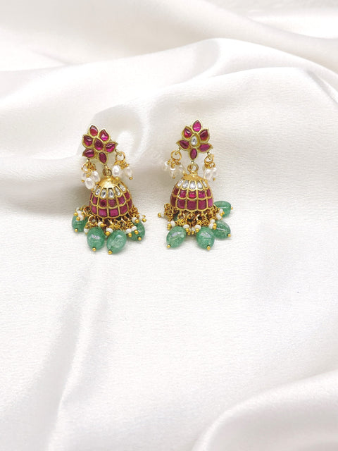 Pink Green Jhumka Earrings by Joyrias