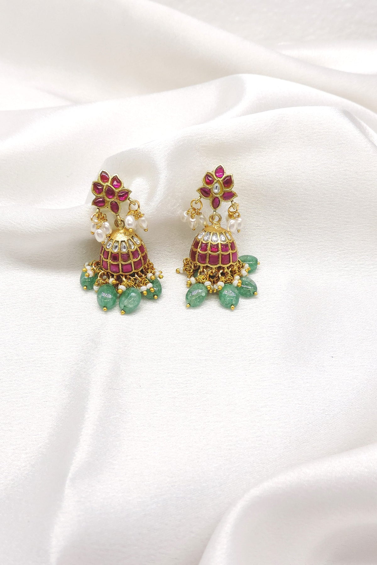 Pink Green Jhumka Earrings by Joyrias