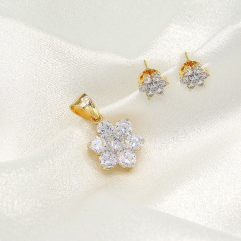 Elegant CZ Floral Pendant Set with Stud Earrings