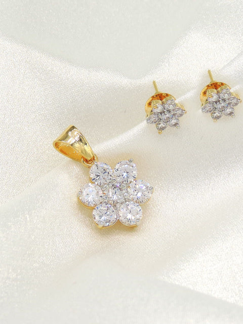 Elegant CZ Floral Pendant Set with Stud Earrings