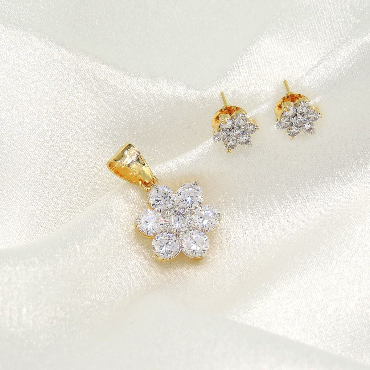 Elegant CZ Floral Pendant Set with Stud Earrings