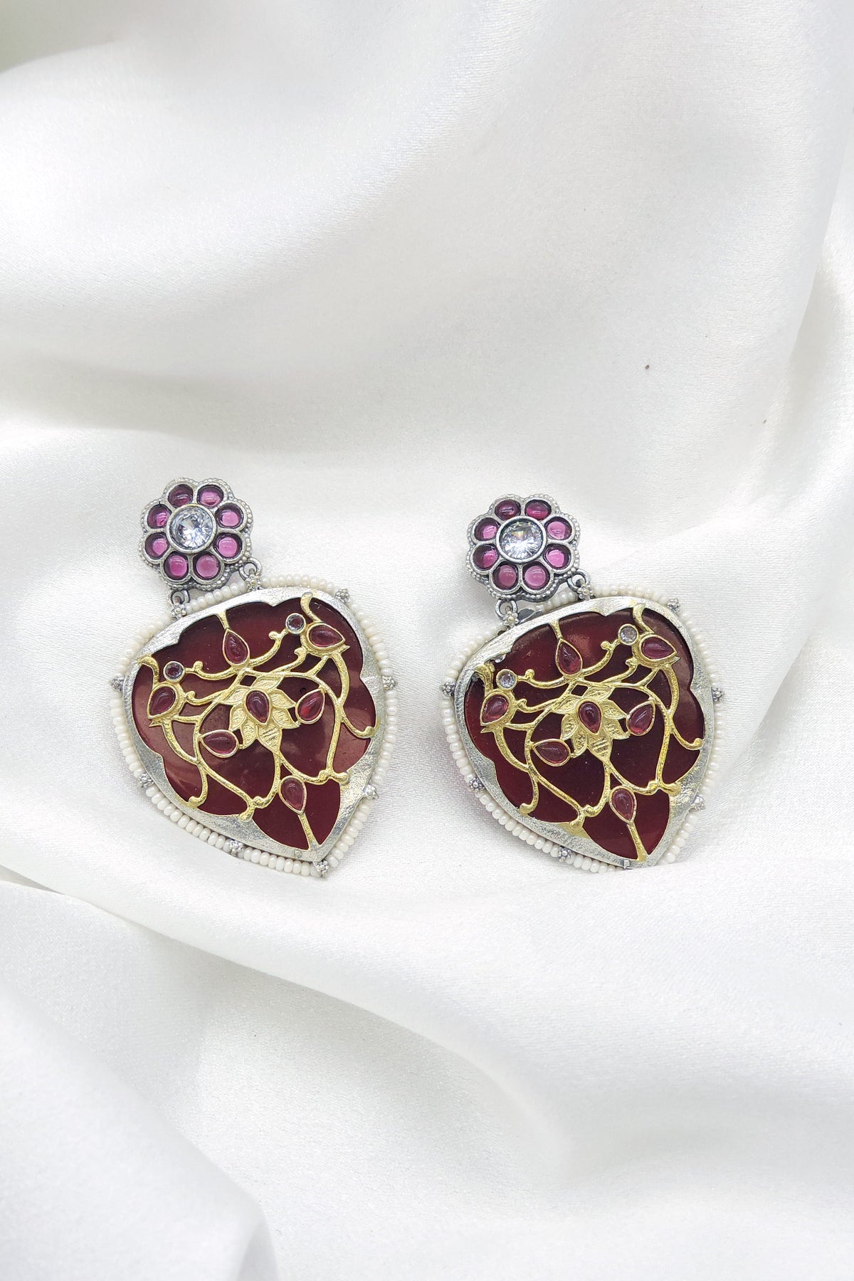 Oxidized Silver Blue Enamel Floral Drop Earrings