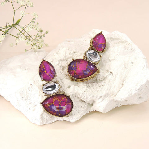 Purple Magenta Stone Drop Earrings with Gold Detailing Image 0
