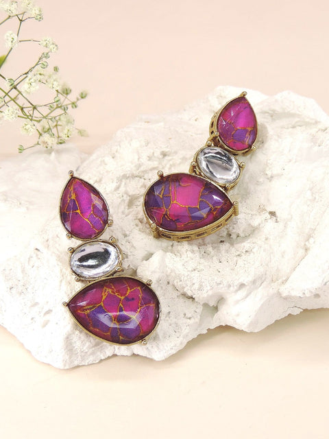 Purple magenta stone drop earrings with gold detailing – Indian festive earrings USA – Joyrias