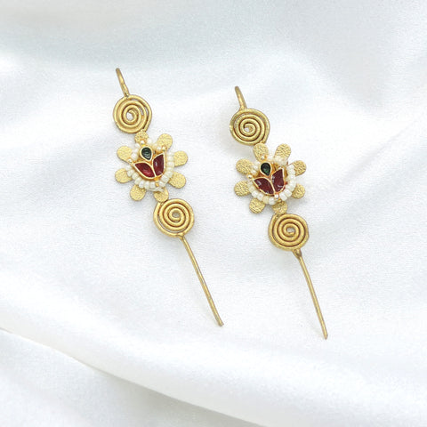 Oxidized gold-toned multicolor spiral floral ear cuff earrings with red green stones and pearl detailing by joyrias