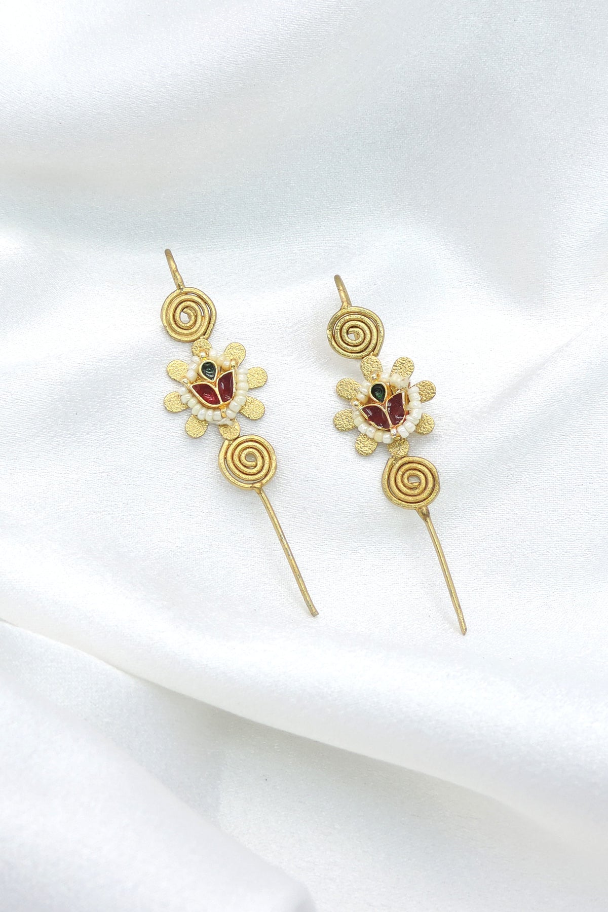 Oxidized gold-toned multicolor spiral floral ear cuff earrings with red green stones and pearl detailing by joyrias